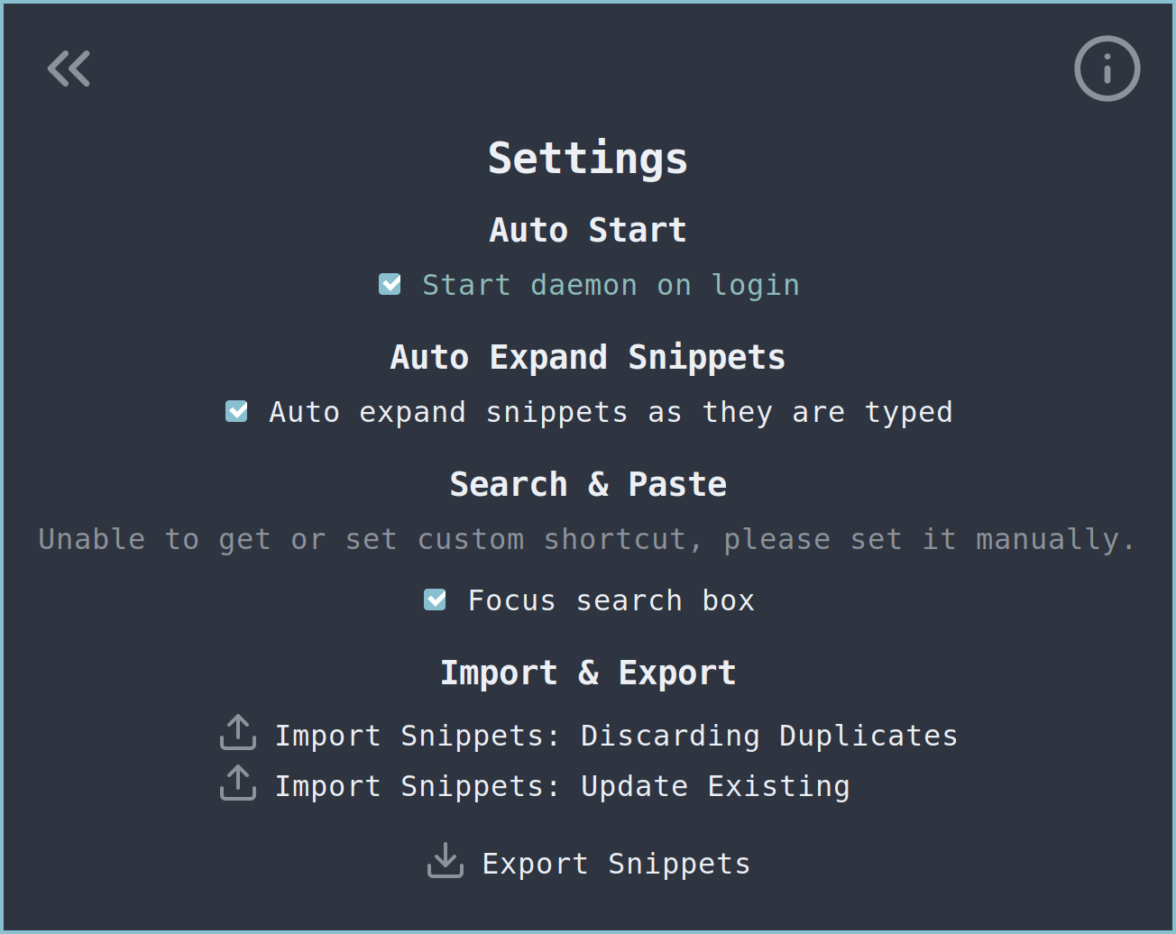 Screenshot of Snippet Expander's Settings window